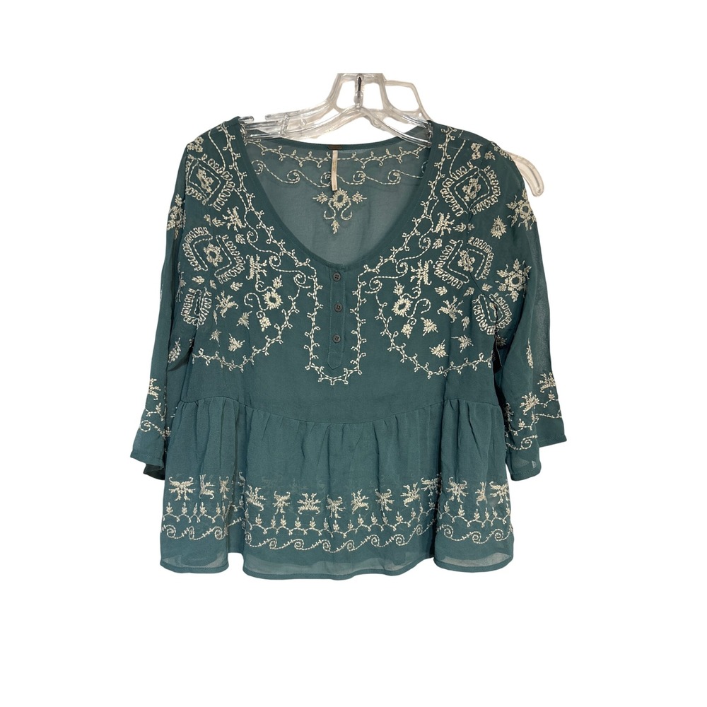 Free People Embroidered Tunic Top‎ Green Bohemian Blouse Flowy Boho XS S